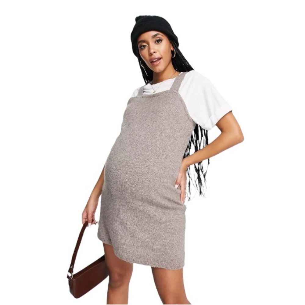 Pieces Maternity Knitted Pinafore Dress in Taupe Medium